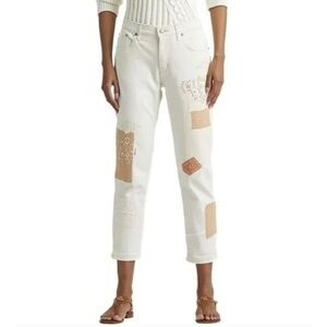 Ralph Lauren Patchwork Relaxed Tapered Ankle Jeans in Cream Size 2